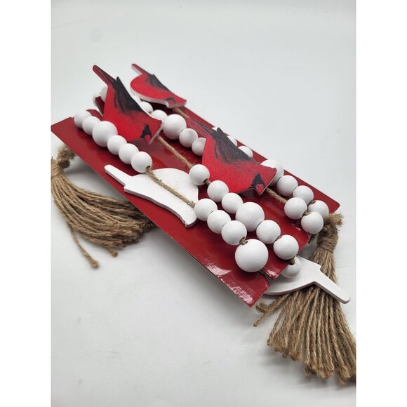 Red Cardinal Bird Wooden Garland White Balls Christmas Holiday 60 Inch Country - Picture 6 of 6